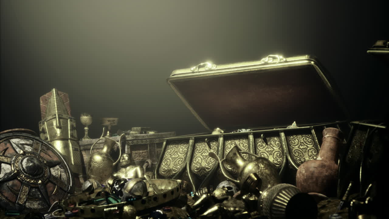 Treasure chest filled with ancient artifacts and gleaming gold in low light