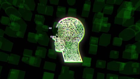 Animation-of-human-head-with-maze-and-green-cubes-on-black-background