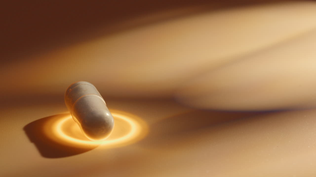 drug medical pill extreme close up of antibiotic vitamin pill rotate with golden circle energetic power for healing and healthcare