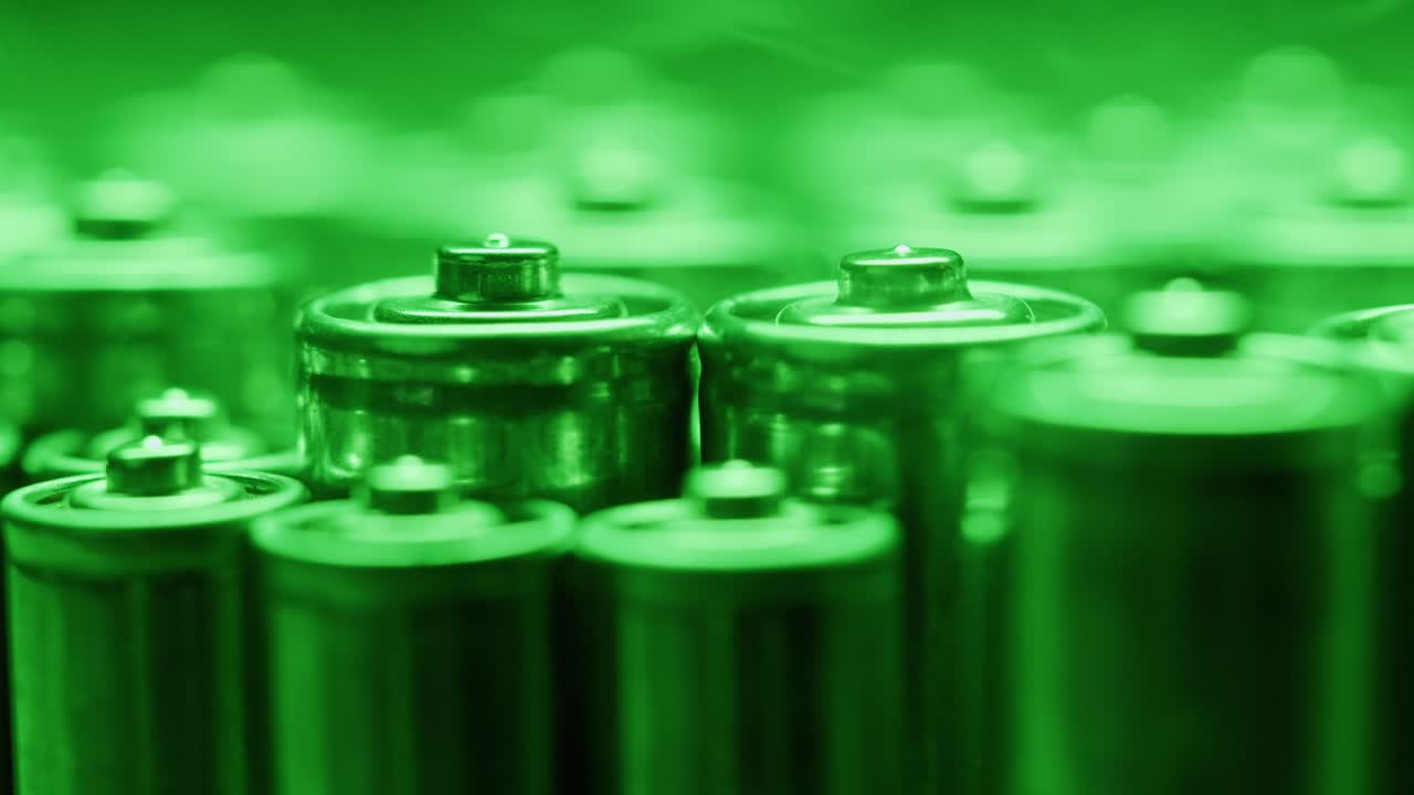 Silver batteries AA and AAA in neon light close-up. Double-A battery is a standard size single cell cylindrical dry battery. Batteries are common in portable electronic devices. An AA battery is composed of a single electrochemical cell that may be either a primary battery or a rechargeable battery.