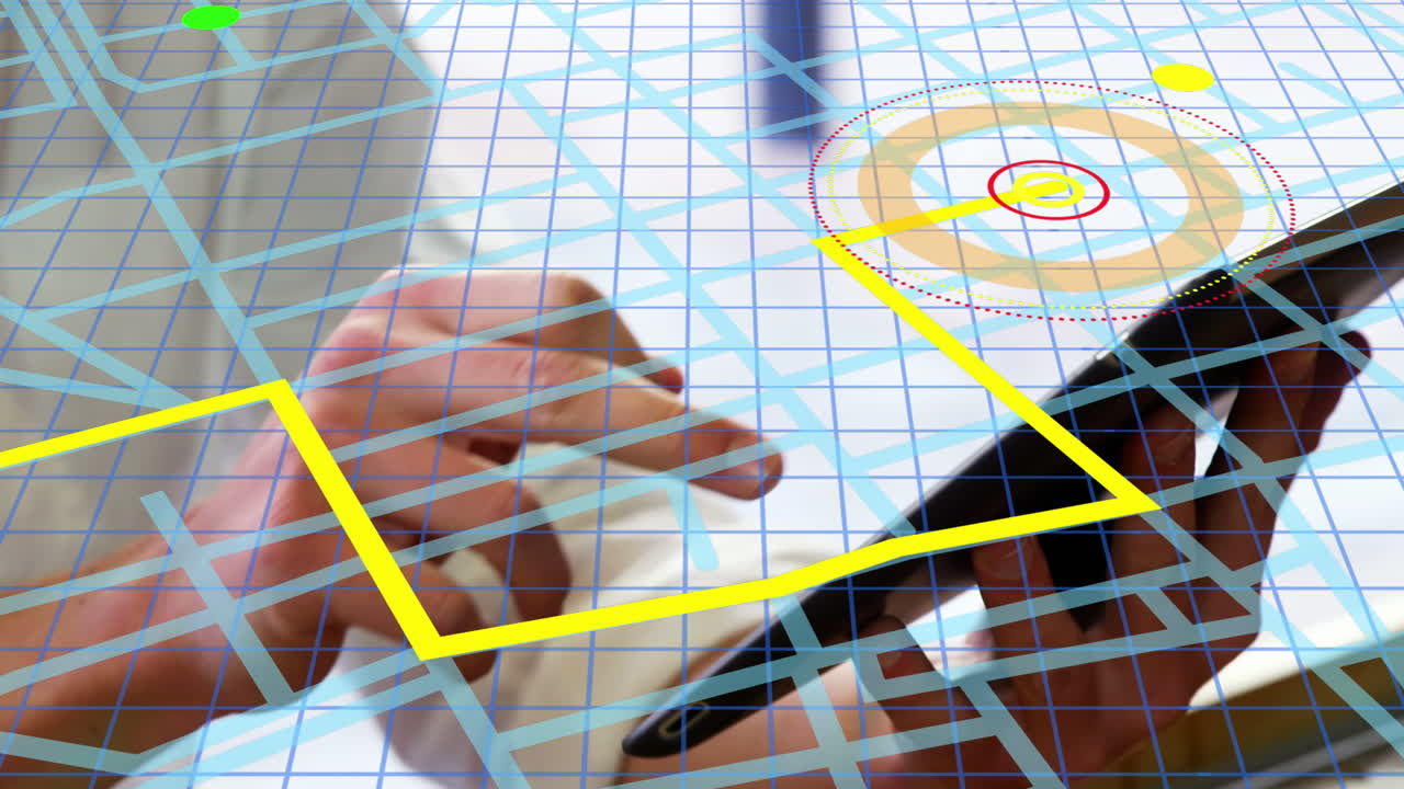 esquema de la línea de navegación del mapa contra la sección media de una persona que usa una tableta digital