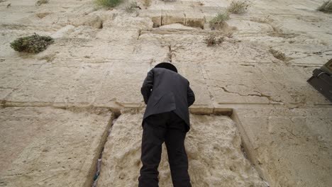 low angle shot of orthodox jewish man praying at the western wall, dolly-in movement