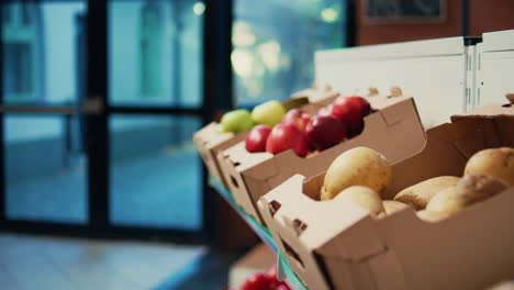 eco friendly homegrown produce in crates on store shelves