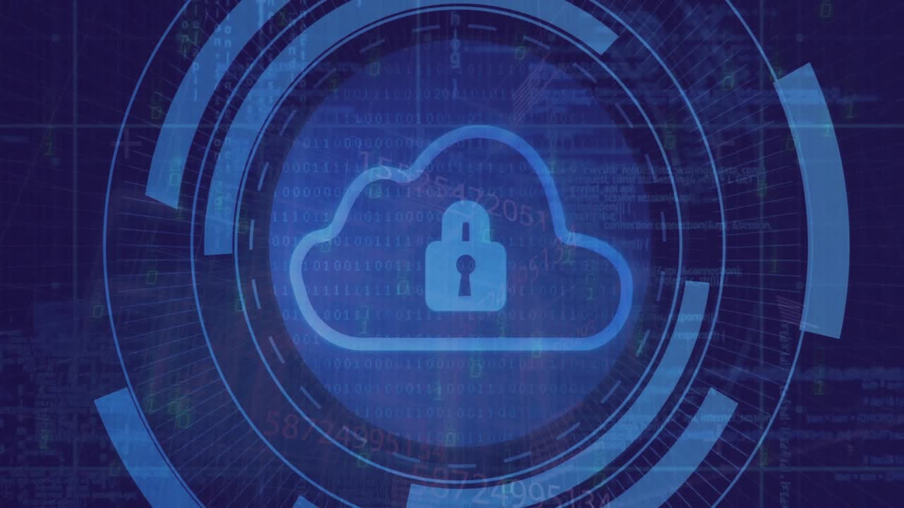When data field filling screen, rings rotating and revealing locked cloud icon signifying security