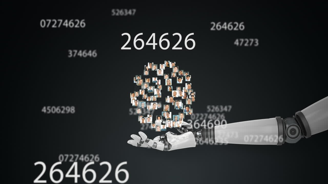 로 손 위의 프로파일 아이콘의 글로브에 대하여 여러 번 변하는 숫자의 디지털 애니메이션