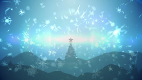 animation of christmas tree over snowflakes falling on blue background