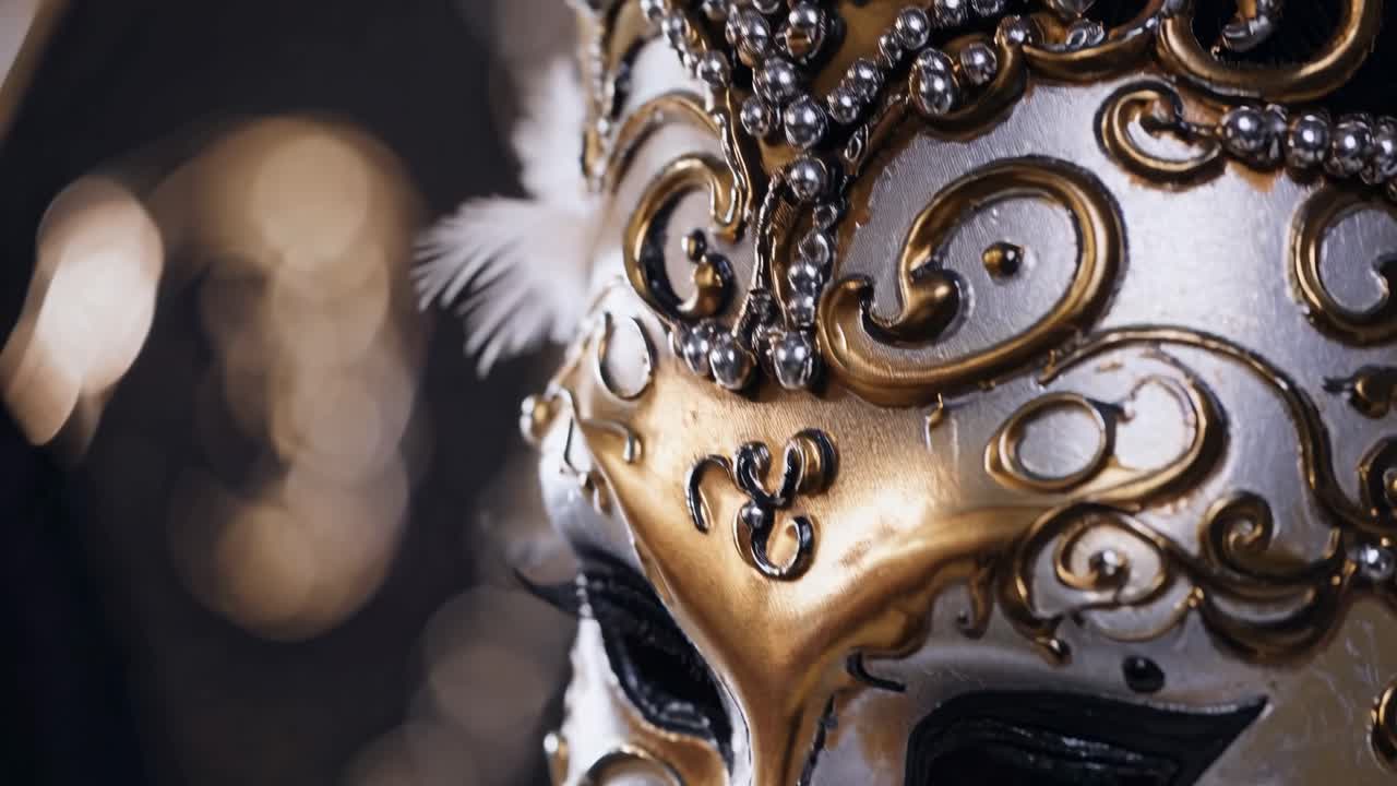 Ripresa video ravvicinata di una maschera veneziana decorata con intricati dettagli in oro e argento