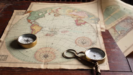 antique world map with compass and magnifying glass