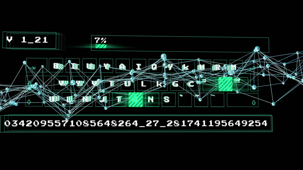 Animation of digital network overlaying keyboard with numerical data in green highlights