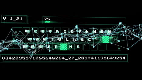 animation of digital network overlaying keyboard with numerical data in green highlights