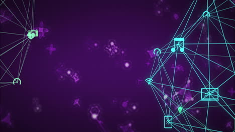 Network connections and data processing animation over purple background with icons