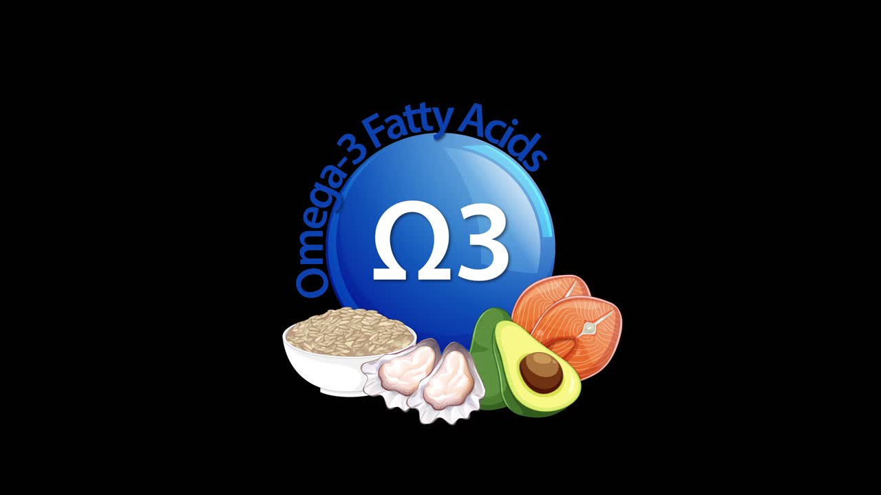 A blue Omega-3 icon animates in, accompanied by illustrated foods rich in omega-3 fatty acids on a black background. Smooth, simple transitions
