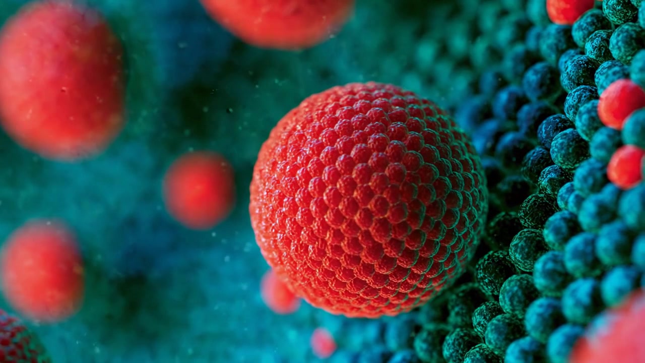 Cellula biologica rossa testurizzata che fluttua in un ambiente microscopico verde