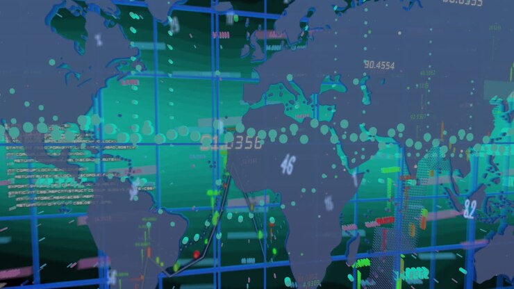 Animation of numbers, symbols, changing numbers over graphs and map on abstract background