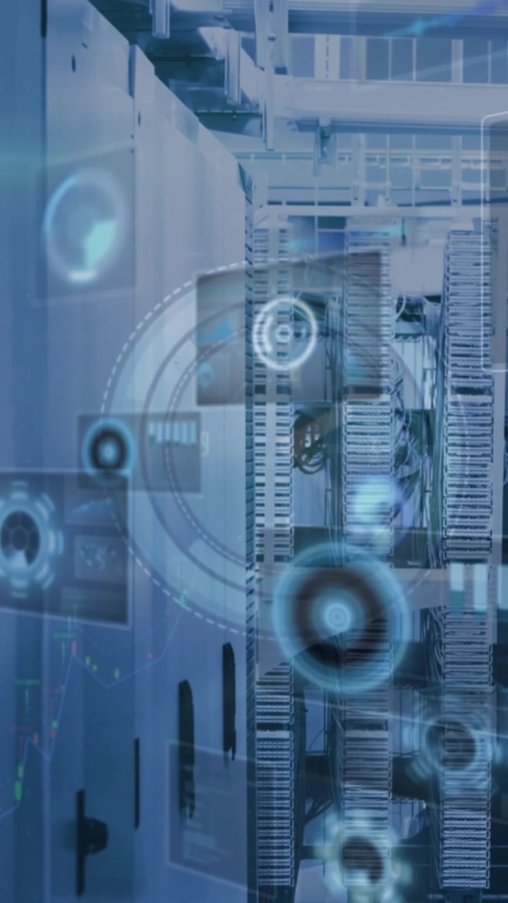 Animation of digital clock, globes, radar and computer language over server racks