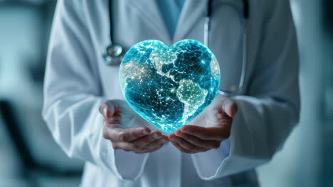 doctor holding the earth in a heart shape wearing a white coat and holding a blue holographic globe