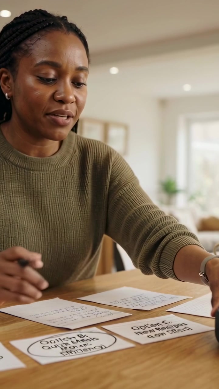 Vertical video: Leaning woman in green top marking cards on home table moving black item planning