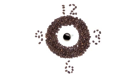 hora del café - taza de café negro y reloj de granos de café, animación de bucle sin costuras aislada sobre un fondo blanco