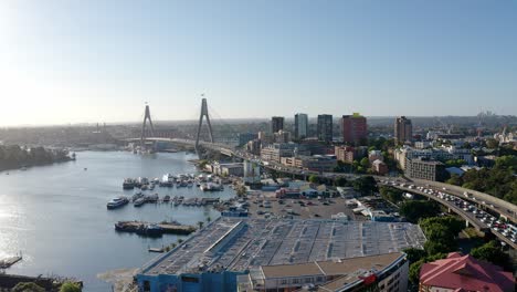 Aerial-View-Of-Anzac-Bridge-In-Sydney,-Australia-At-Daytime---drone-shot