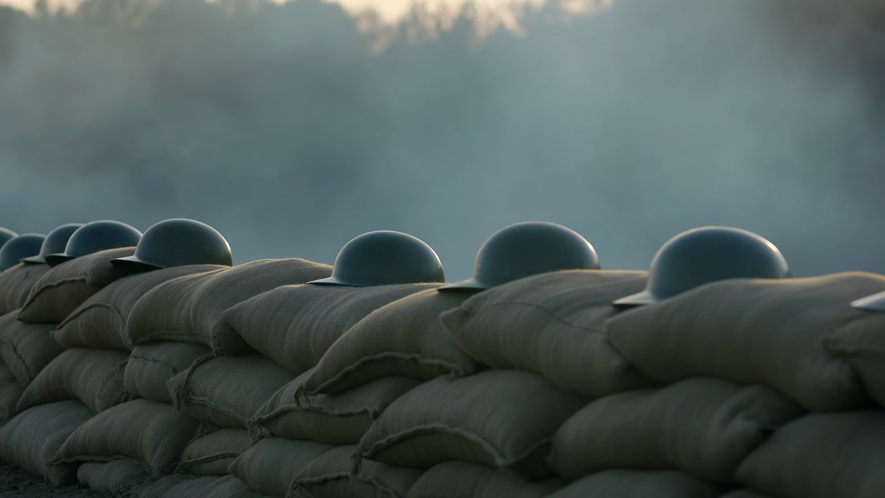 Sandbags Helmets Lined Under Smoky Dawn, Soldier Helmets Resting Atop Stacked Sandbags At Foggy Frontline