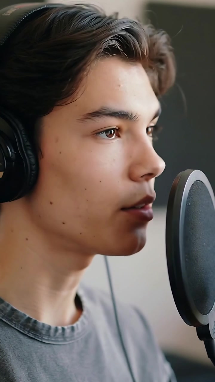 Vertikal video: Mandlig sanger indånder og starter frase, indspiller vokal i studie med mikrofon.
