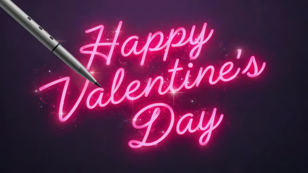Animating Happy Valentine's Day neon changing pink to green on purple as metal stylus entering