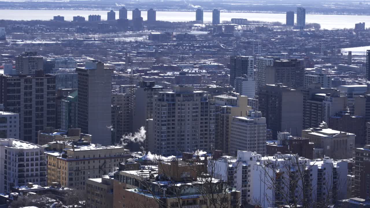 Aerial View of Montreal City Skyline in Winter