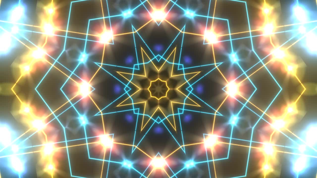 Abstract disco kaleidoscopes background with animated glowing neon colorful lines and geometric shapes for music videos, VJ, DJ, stage, LED screens, show, events, christmas videos, night clubs.