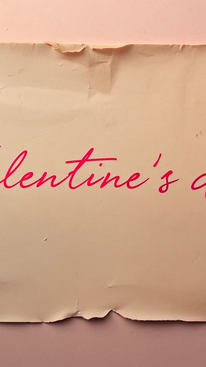 Vertical video: Camera filming torn cream sheet mounted on pale pink wall, showing red cursive text
