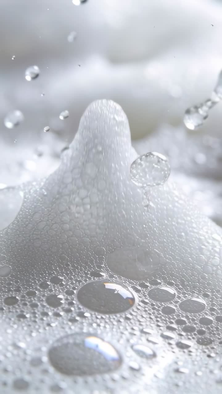 Video verticale: Goccioline che cadono e colpiscono una massa di schiuma bianca in macro, con la tensione superficiale che crea una punta.