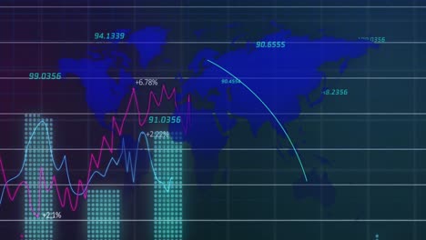 Animación-Del-Procesamiento-De-Datos-Estadísticos-A-Través-De-La-Red-Grid-Contra-El-Mapa-Mundial-Sobre-Fondo-Degradado