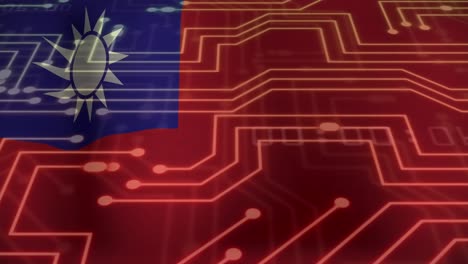Animation-of-computer-circuit-board-with-data-processing-and-flag-of-taiwan