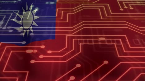 animación de una placa de circuito de computadora con procesamiento de datos y bandera de taiwán