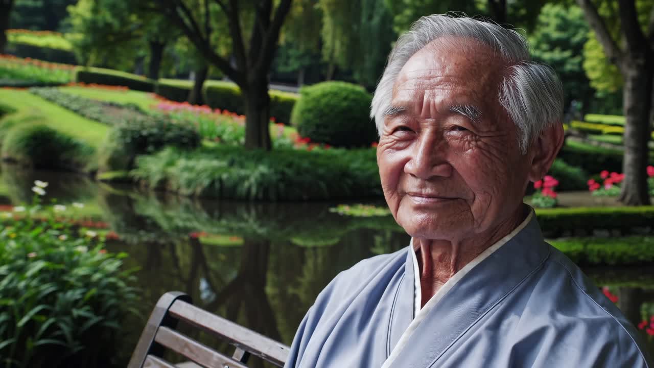 Elderly man in traditional attire sits on a park bench, captured in a serene landscape