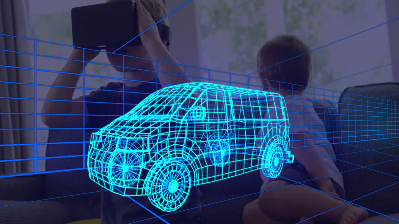 animación de dibujo técnico 3d de la furgoneta, sobre el niño en casa con auriculares vr
