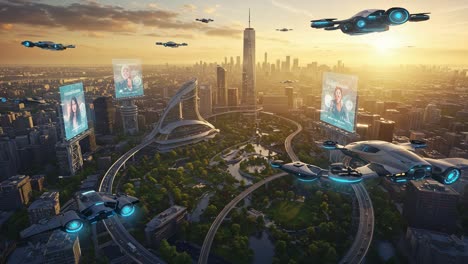 futuristic cityscape at dusk with airborne drones and digital displays showcasing individuals against a beautiful skyline backdrop