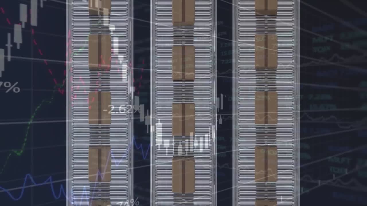 animación de estadísticas y procesamiento de datos sobre cajas de cartón en cintas transportadoras