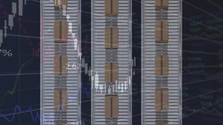 Animation of statistics and data processing over cardboard boxes on conveyor belts