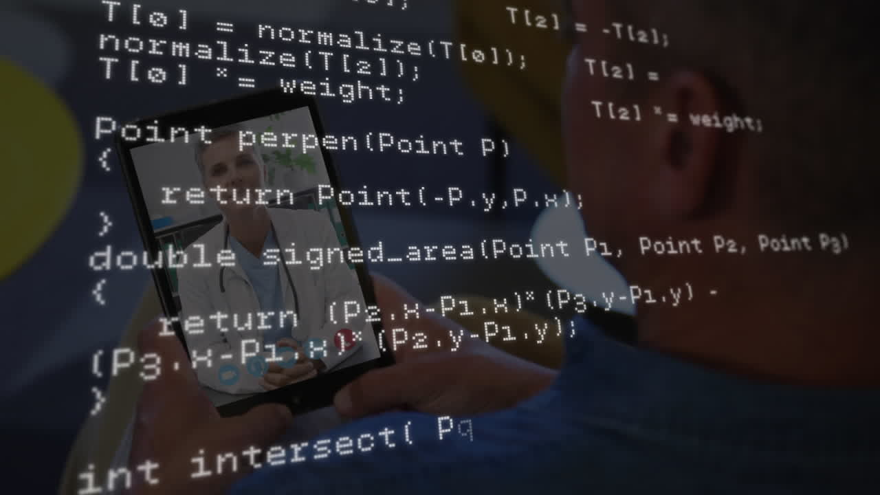 animazione dell'elaborazione dei dati su uomo su videochiamata tablet