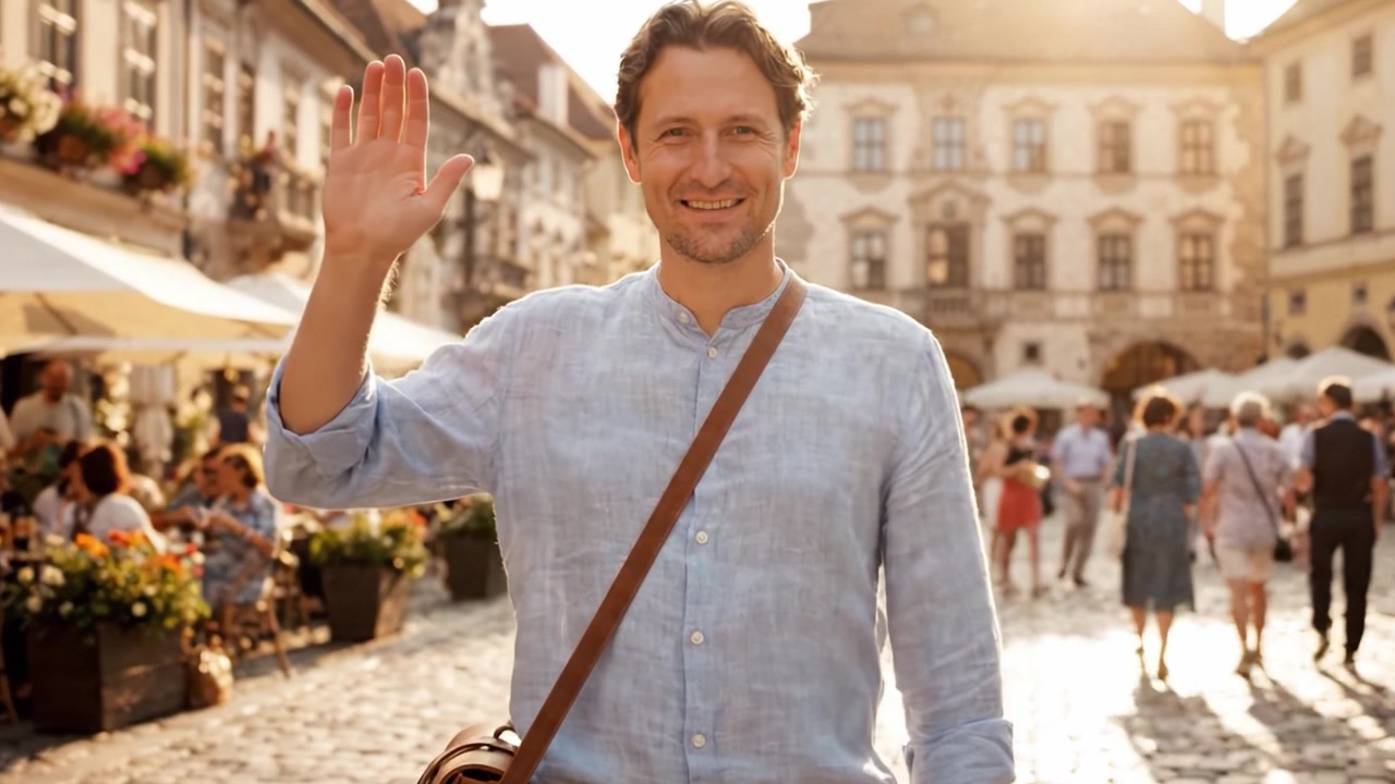 A Smiling Man Stands Confidently in a Sunny Square, Surrounded by Vibrant Cafes and Busy Passersby, Capturing the Essence of Joyful City Life
