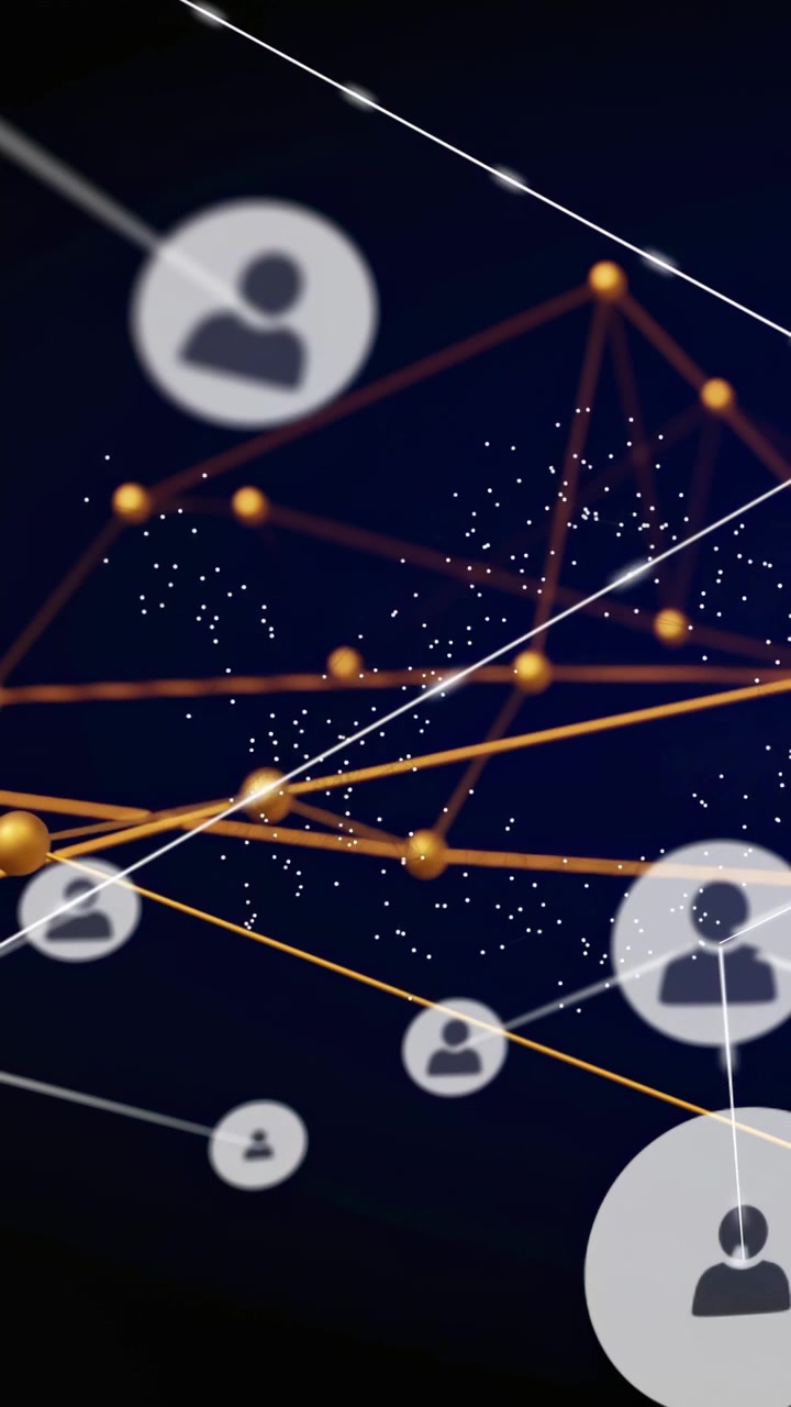 Vertical video: White beam sweeping sparking user icons gliding linking gold net for tech designers