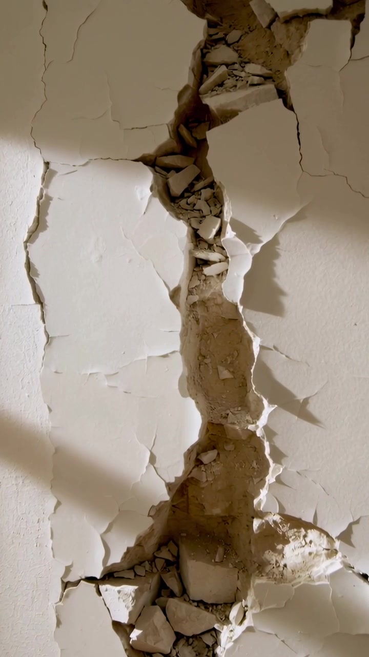 Vertical video: Filming camera panning along home wall, with plaster channel and mortar for repair
