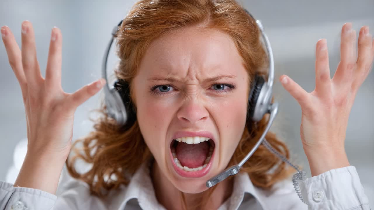 Frustration During a Customer Service Call: An Intense Depiction of a Young Woman's Anger and Stress While Wearing a Headset in a Professional Setting