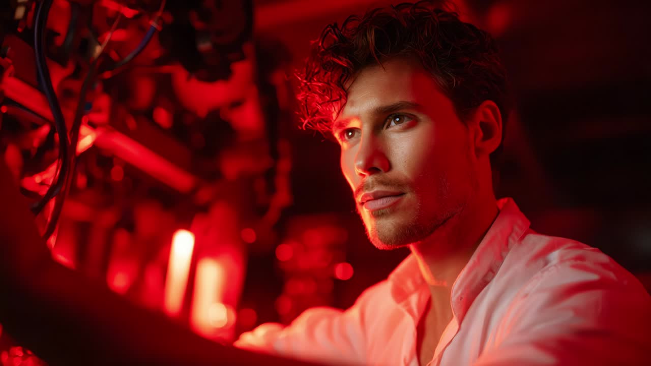 A Focused Engineer Analyzing Intricate Machinery in a Dimly Lit, Red-Hued Environment, Highlighting the Fusion of Technology and Human Ingenuity in a Compelling Visual Narrative