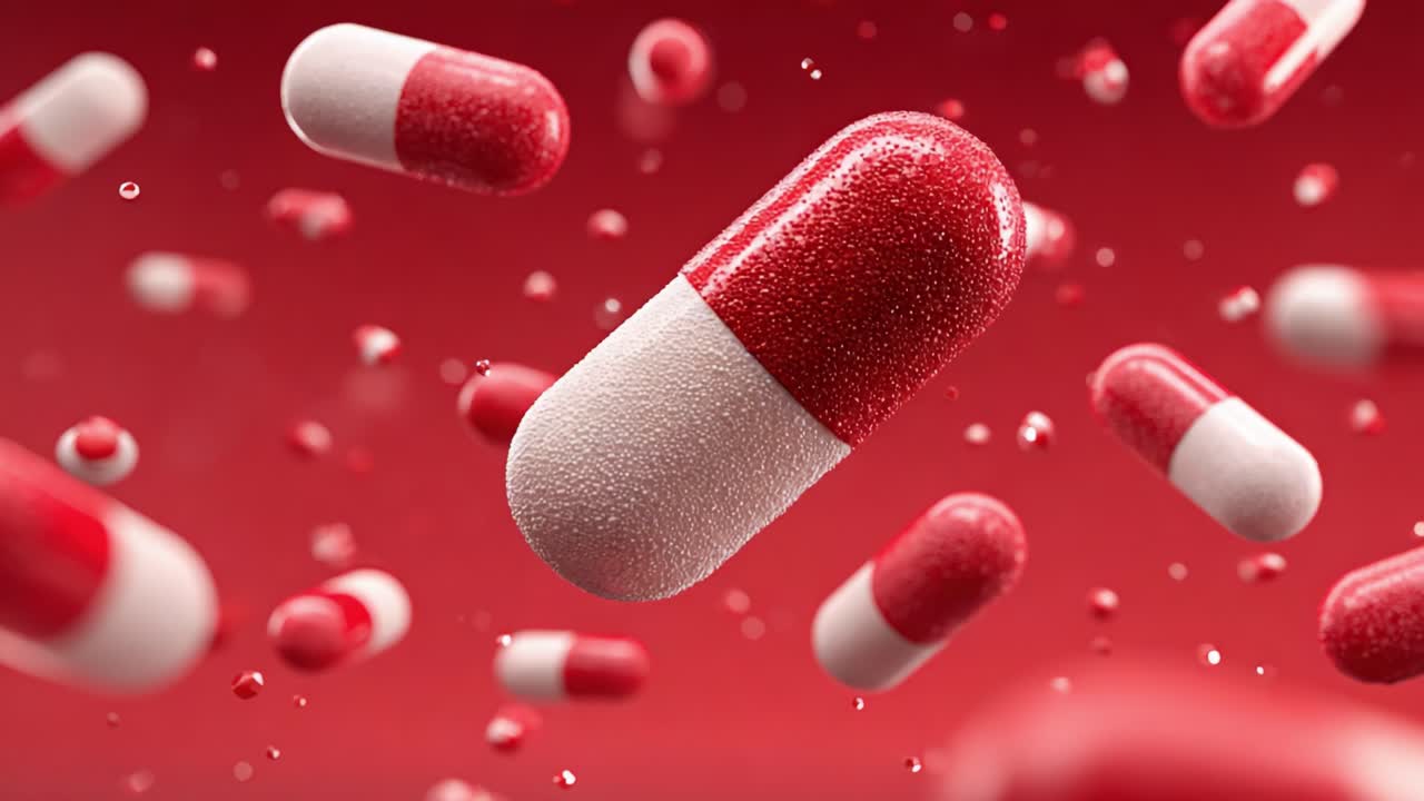 Dynamic Composition of Floating Capsules Against a Vibrant Red Background, Showcasing Intricate Details and Textures of Pharmaceutical Products