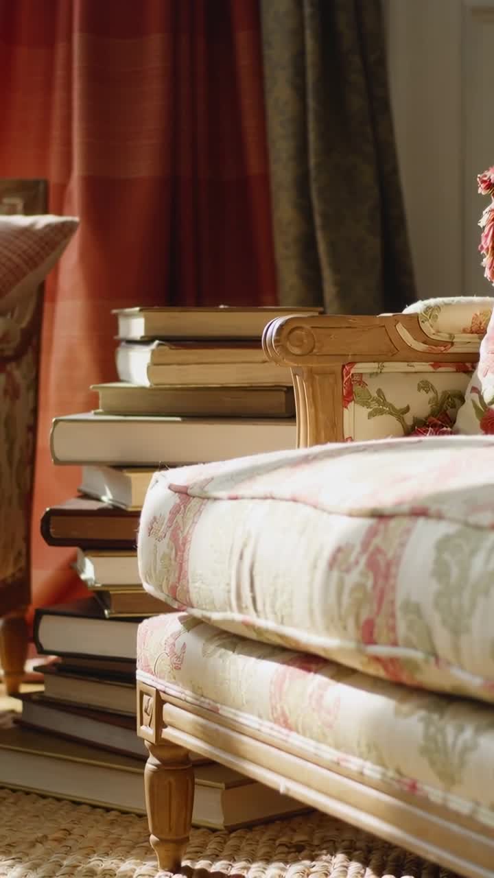 Video verticale: Panoramica della telecamera su una poltrona floreale e libri impilati in un angolo accogliente per inquadrare la scena.