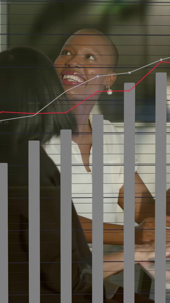 Vertical video: Woman in white speaking initiating business Q1 data projecting, team reviewing gain