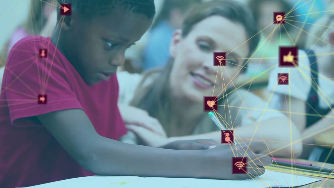 Boy gripping pencil and writing under teacher nod, generating digital education icons around tip