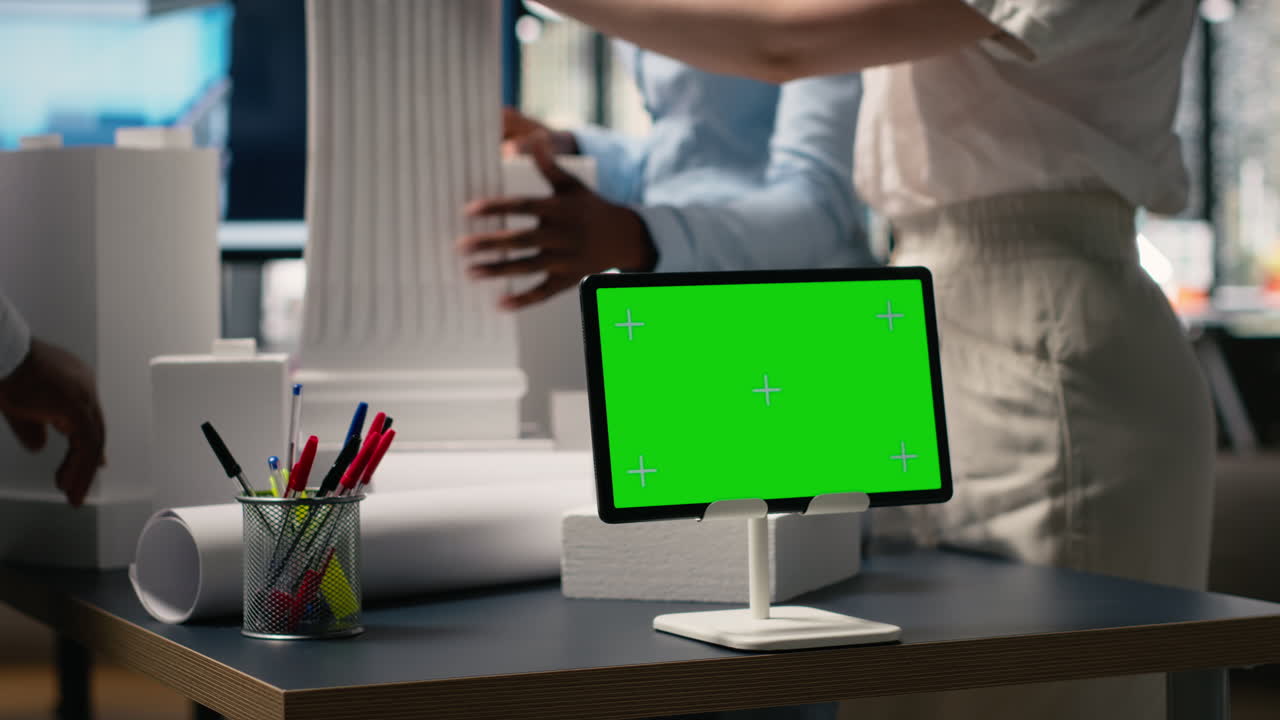 Vertical Video Real estate developers work together using architectural models and copy space