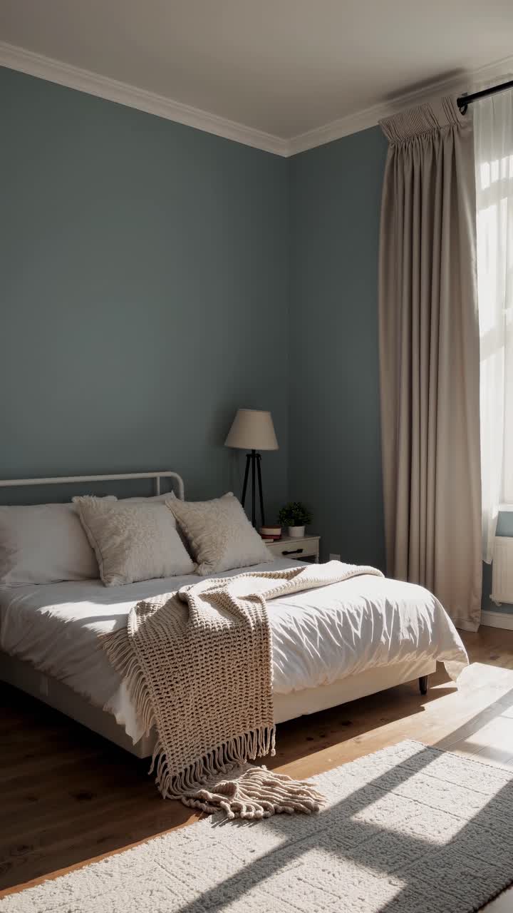 Accogliente camera da letto con illuminazione soffusa, ripresa da un'angolazione bassa.